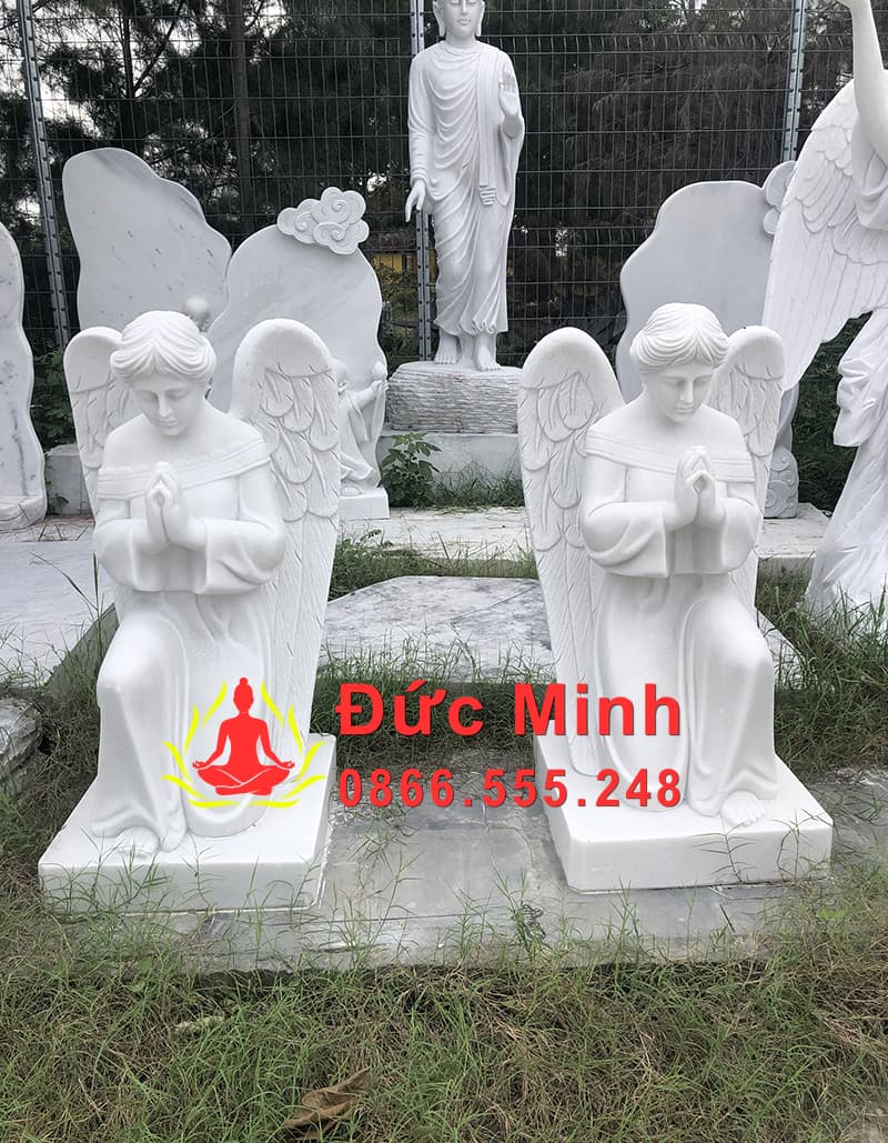 Tượng Nữ Thiên Thần Quỳ Gối Đá Trắng Đẹp