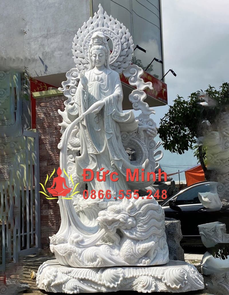 Tượng Quan Âm Đứng Rồng Bằng Đá Cẩm Thạch Cao 5m