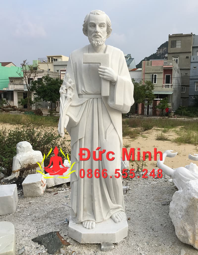 Tượng Thánh Giuse Thợ Đá Trắng Đẹp Nguyên Khối