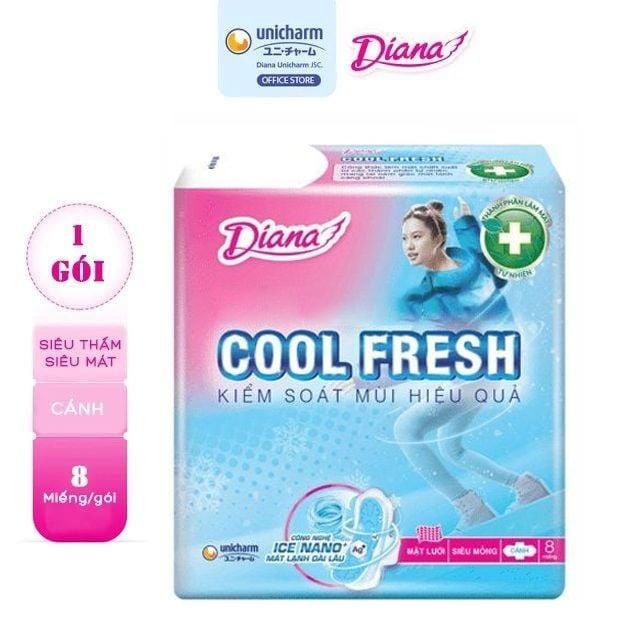 Băng Vệ Sinh Diana Siêu Thấm Cool Fresh Có Cánh - Mặt Lưới 8 Miếng - (Xanh Dương) - (Che tên sản phẩm khi giao hàng)