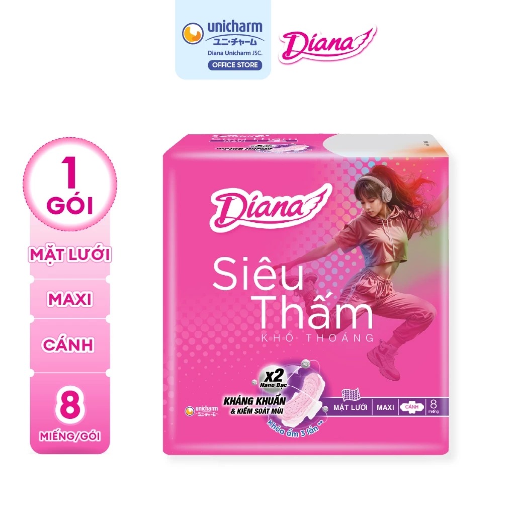 Băng Vệ Sinh Diana Siêu Thấm Có Cánh -  Mặt Lưới 8 Miếng - (Hồng) - (Che tên sản phẩm khi giao hàng)
