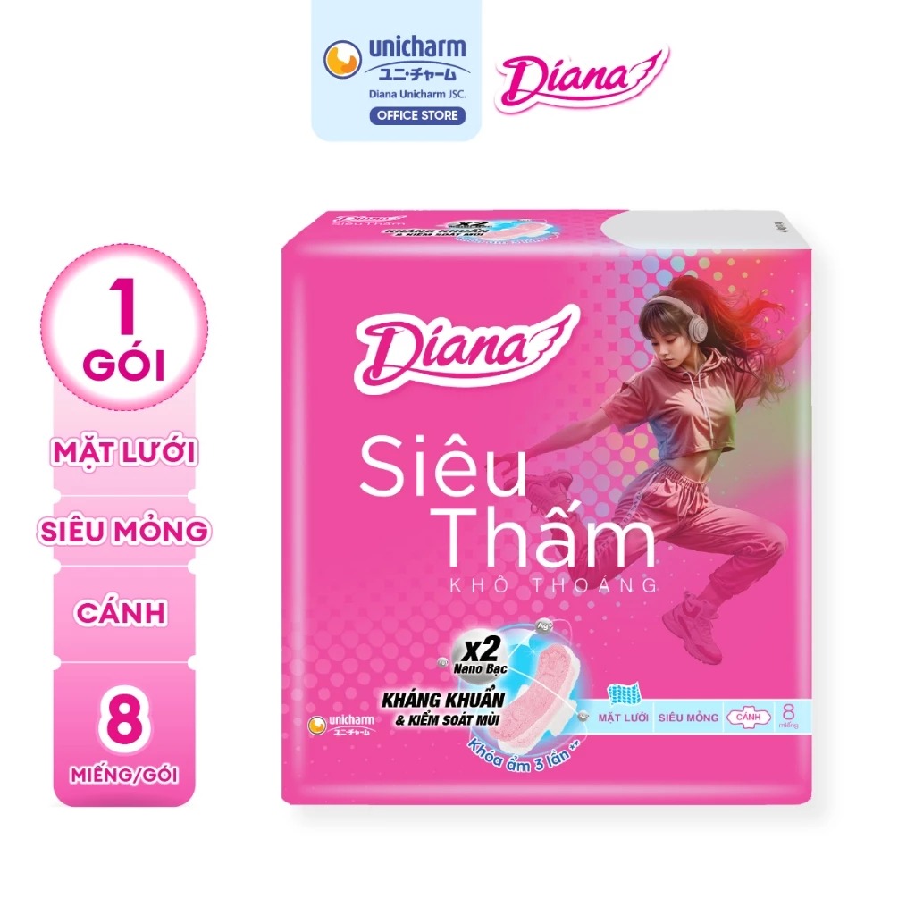 Băng Vệ Sinh Diana Siêu Thấm Có Cánh -  Mặt Lưới 8 Miếng - (Hồng) - (Che tên sản phẩm khi giao hàng)
