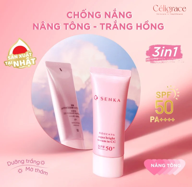Chống Nắng Serum Senka 3 In 1 Dưỡng Sáng Da Nâng Tông Aqua Bright Serum In CC SPF 50+ PA++++ 40g
