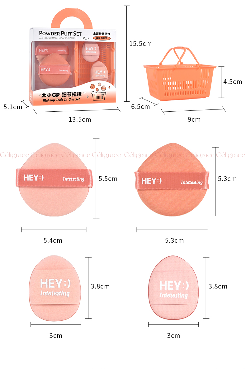 H-9067 - Hộp Set 4 Bông Phấn HEY Kèm Giỏ Đựng Xinh Xắn (Cam)