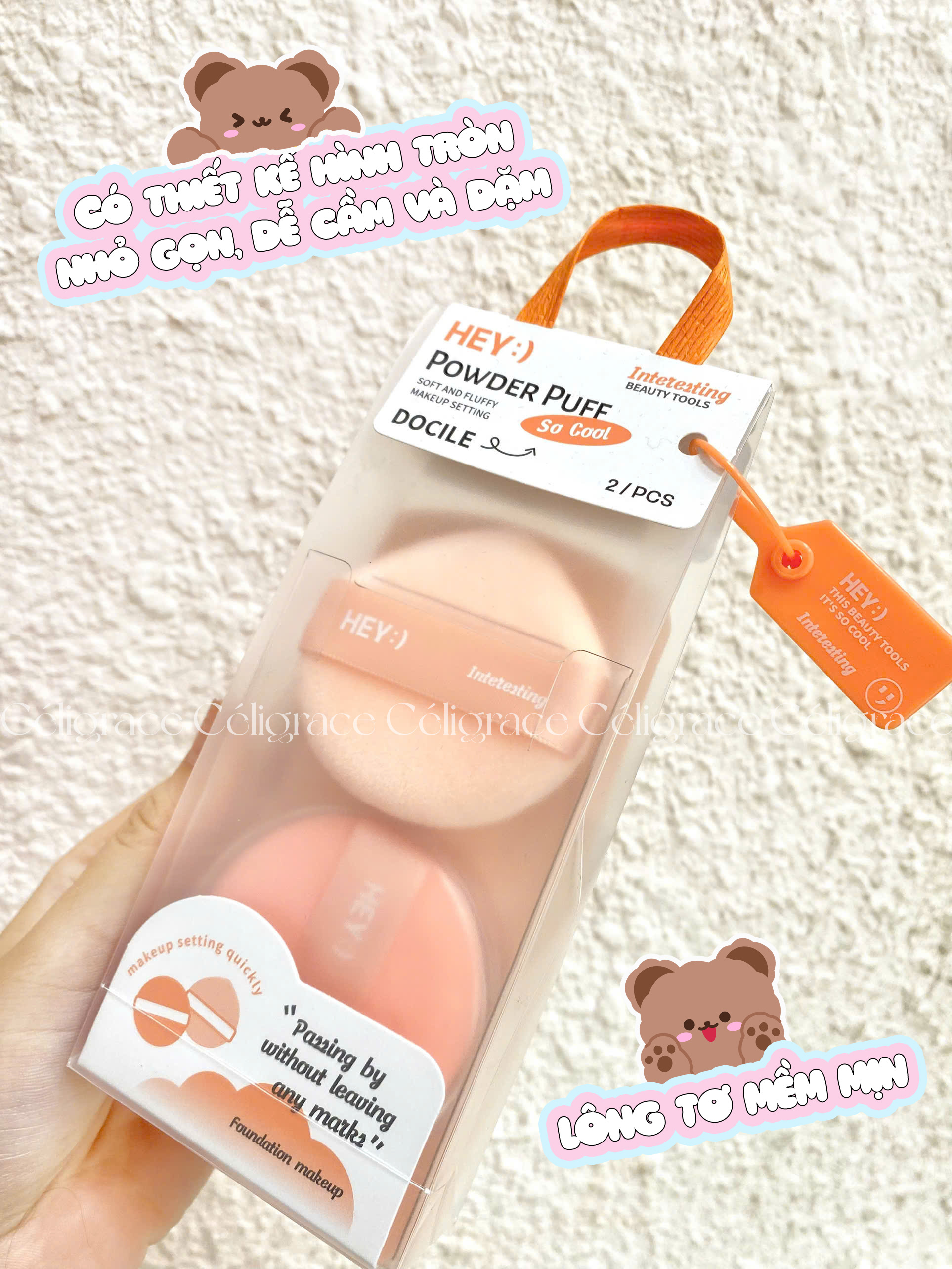 H-9009 - Set 2 Bông Phấn Khô HEY Kèm Hộp Đựng Powder Puff 41g (Cam)