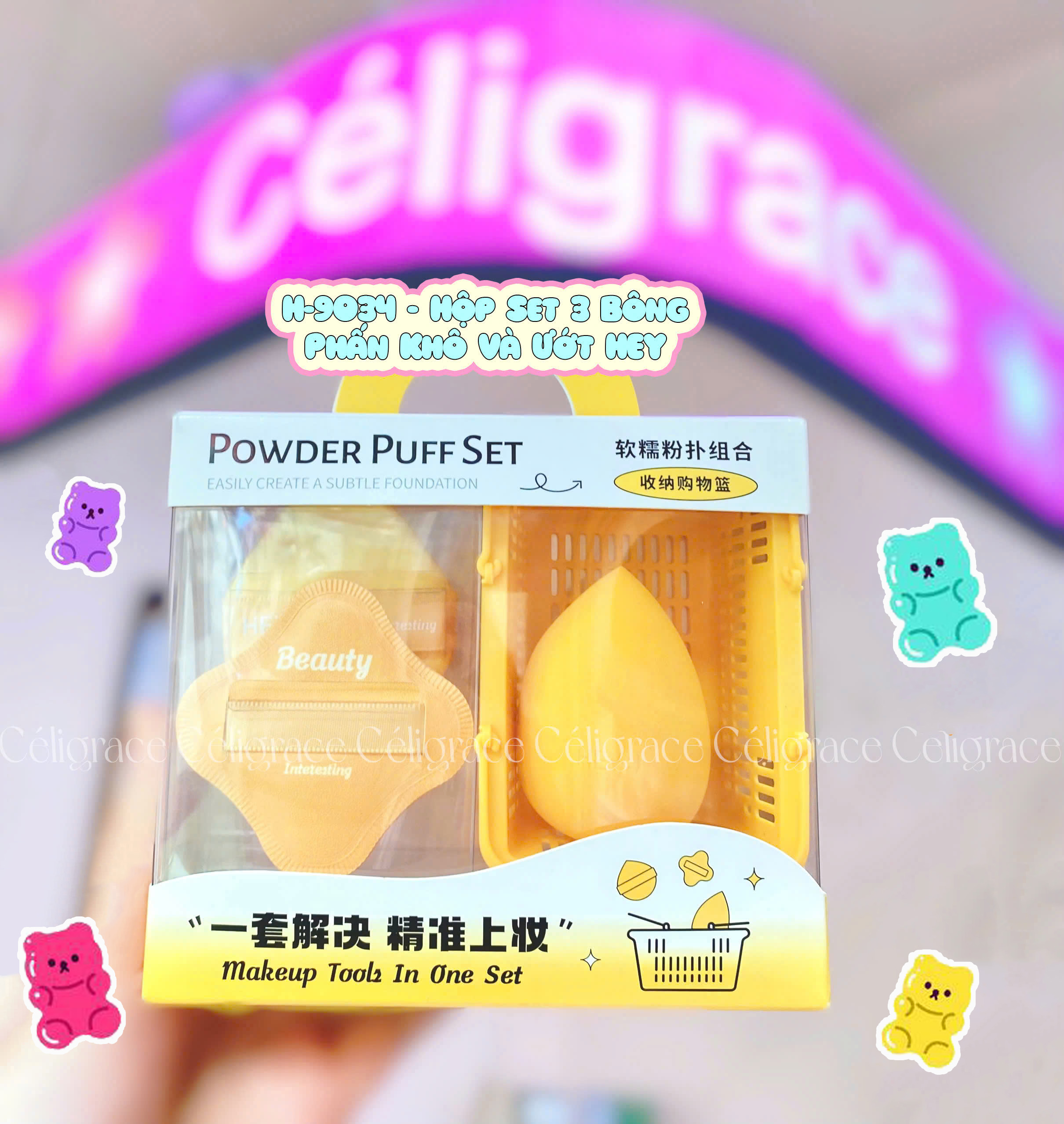 H-9034 - Hộp Set 3 Bông Phấn Khô Và Ướt HEY Kèm Giỏ Đựng Xinh Xắn