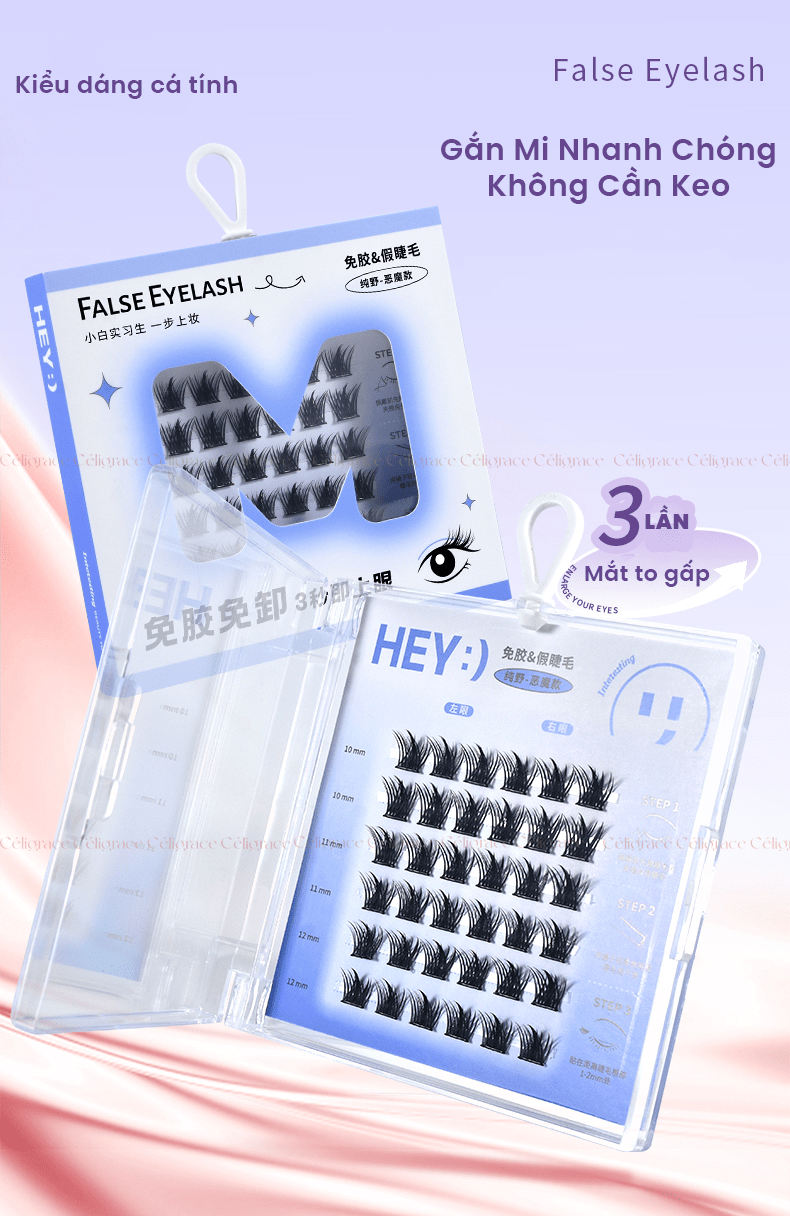 H-9078 - Mi Giả Từng Cụm HEY Tự Dính Không Dùng Keo, Phong Cách Cá Tính