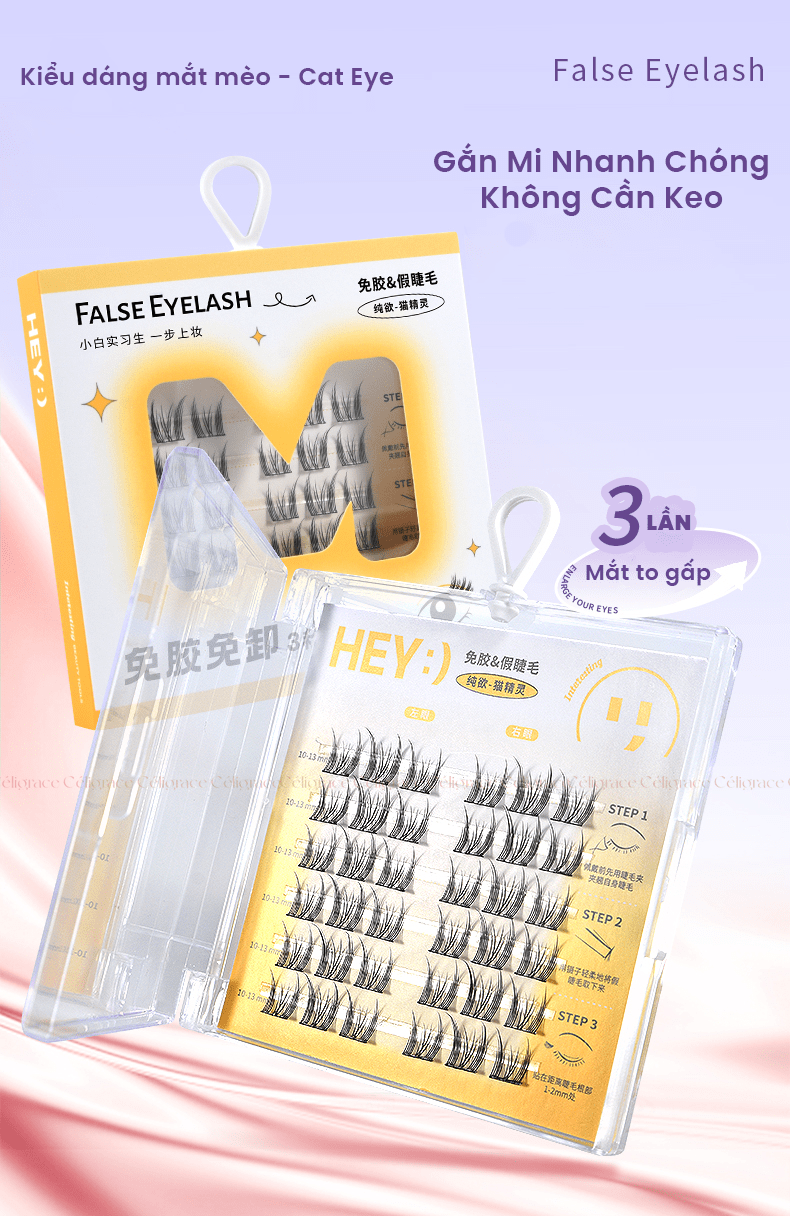 H-9076 - Mi Giả Từng Cụm HEY Tự Dính Không Dùng Keo, Phong Cách Mắt Mèo