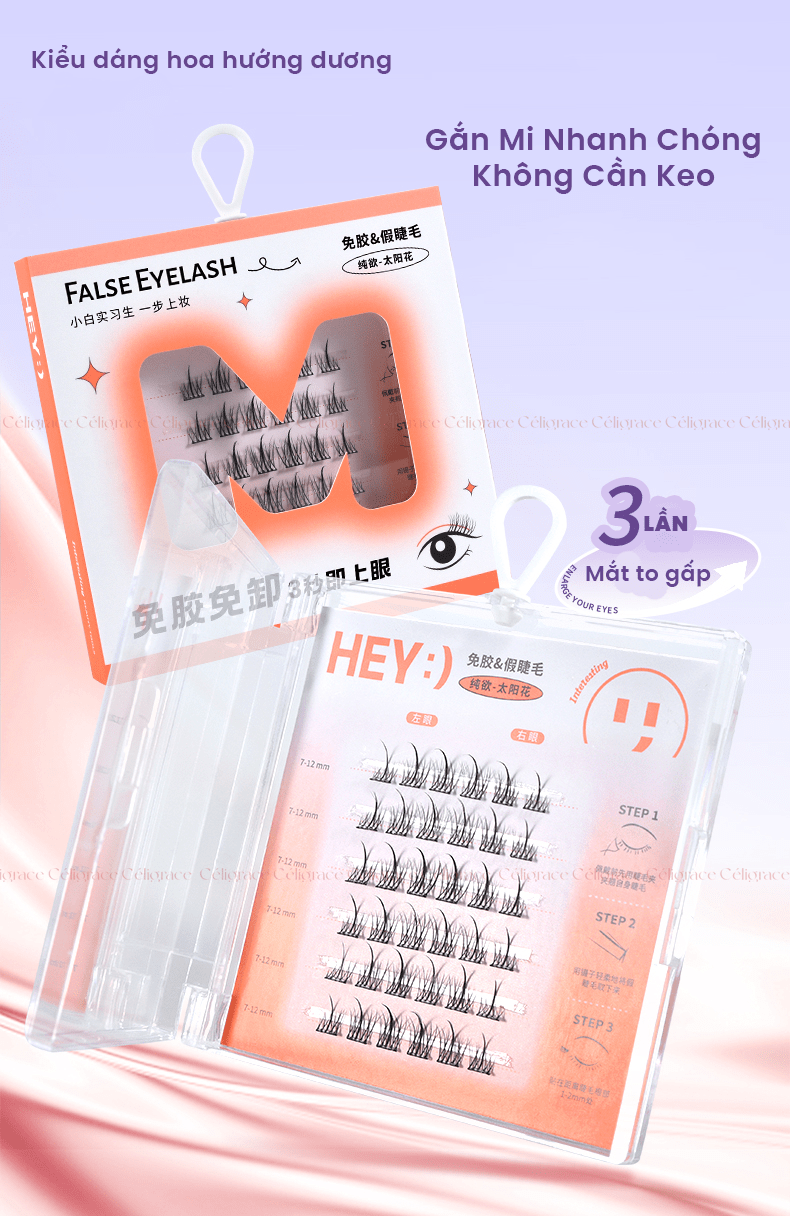 H-9077 - Mi Giả Từng Cụm HEY Tự Dính Không Dùng Keo, Phong Cách Hoa Hướng Dương (Cam)