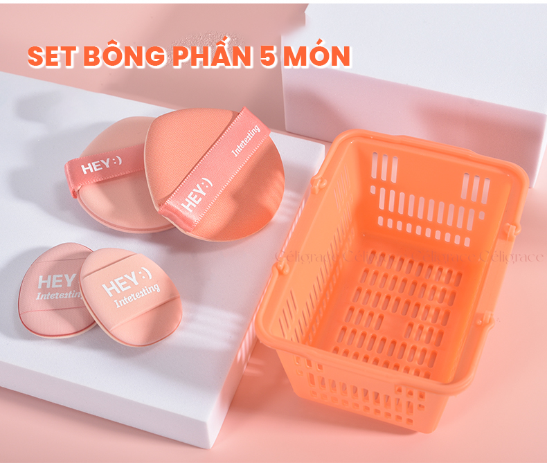 H-9067 - Hộp Set 4 Bông Phấn HEY Kèm Giỏ Đựng Xinh Xắn (Cam)