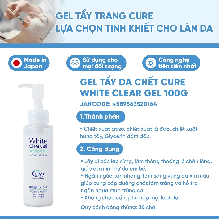 Gel Tẩy Tế Bào Chết CURE Làm Sạch Sâu, Kiềm Dầu, Sáng Da Và Mờ Thâm White Clear Gel #Medicated
