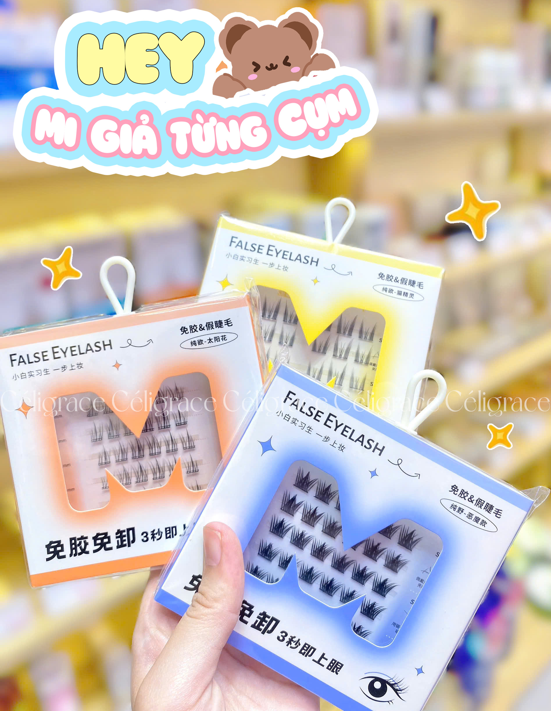 H-9076 - Mi Giả Từng Cụm HEY Tự Dính Không Dùng Keo, Phong Cách Mắt Mèo
