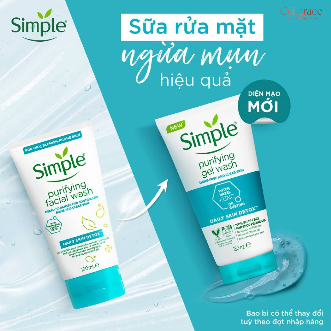 Gel Rửa Mặt Simple Thanh Khiết, Giảm Bóng Nhờn Purifying Gel Wash 150ml (Xanh Dương)