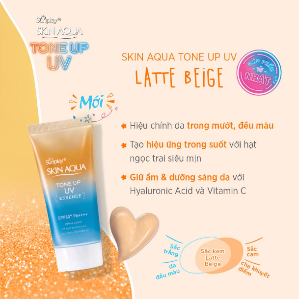 Tinh Chất Chống Nắng Sunplay SKIN AQUA Hiệu Chỉnh Sắc Da Tone Up UV Latte Beige Essence SPF50+ PA++++ 50g (Cam-Tuýp)