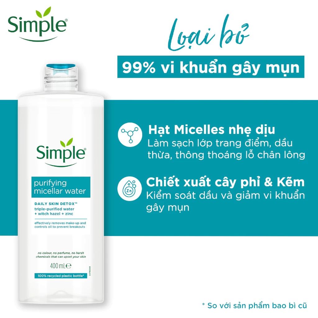 Nước Tẩy Trang Simple Cho Da Dầu Mụn Purifying Micellar Water 400ml