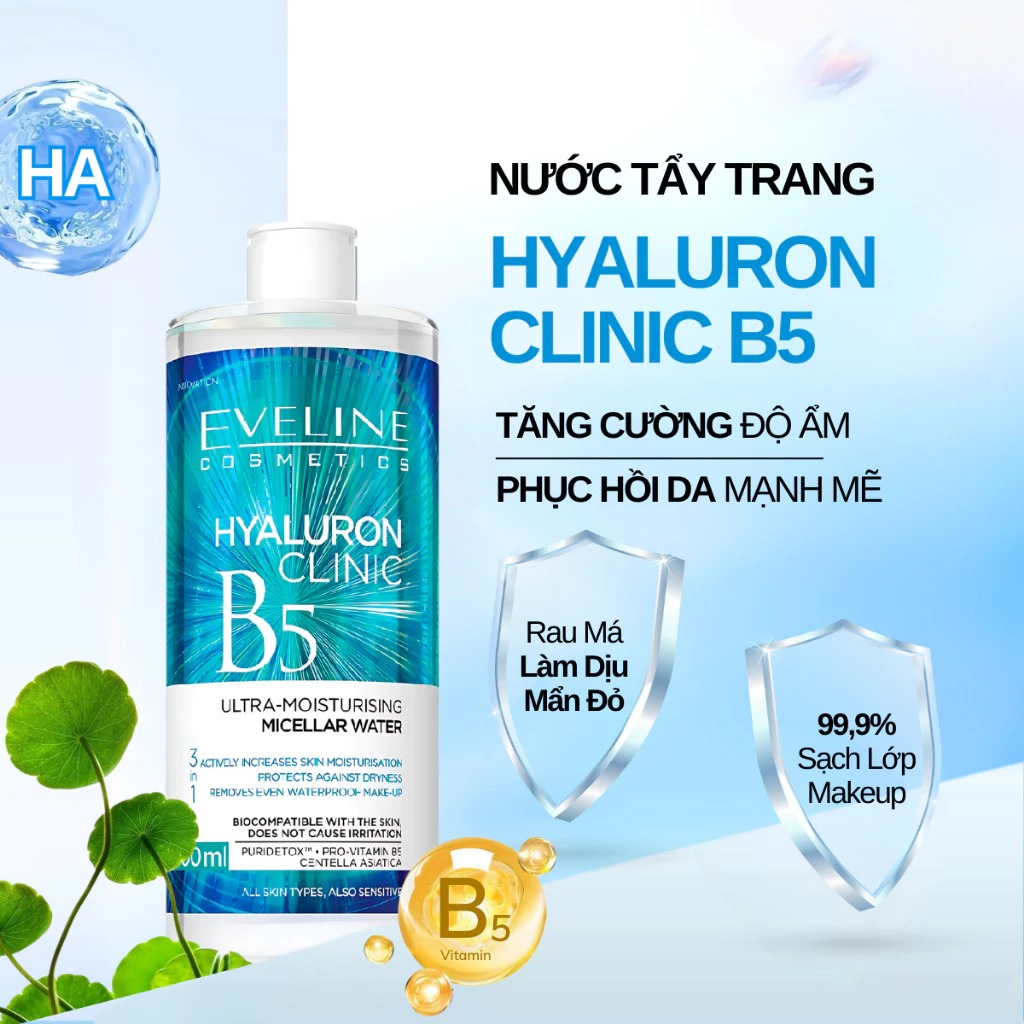 Nước Tẩy Trang Eveline Cấp Ẩm Hyaluron Clinic B5 Ultra-Moisturising Micellar Water 500ml
