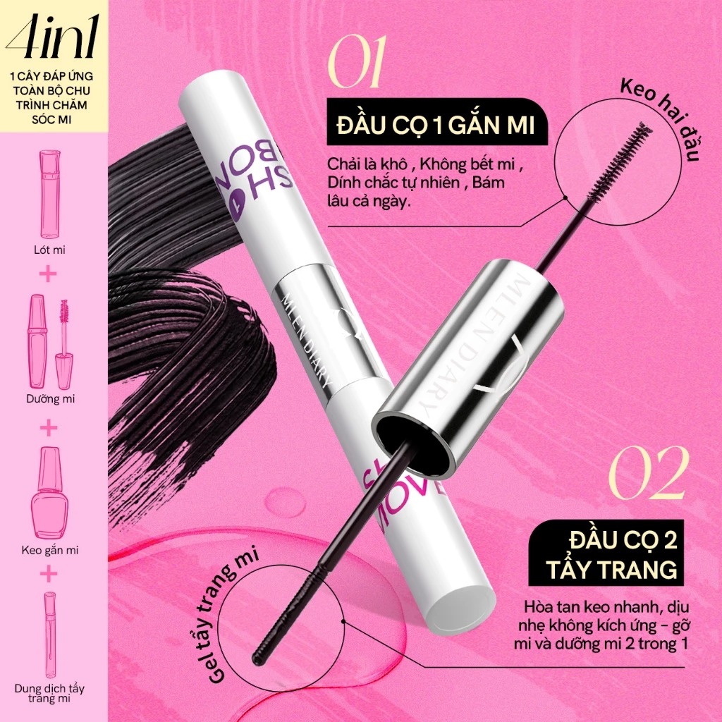 [Phiên Bản Mới] Mascara Keo Dán Mi 2 Đầu 4in1 Mlen Diary 8g - Màu Đen