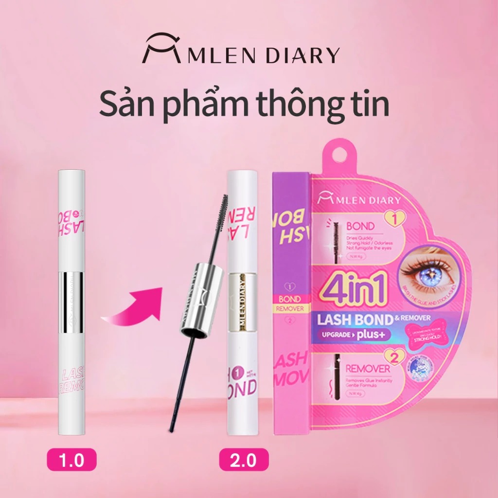 Keo Dán Mi MLEN DIARY 2 Đầu Chải Dạng Mascara 4IN1 Kết Hợp Dung Dịch Tẩy Keo 8g