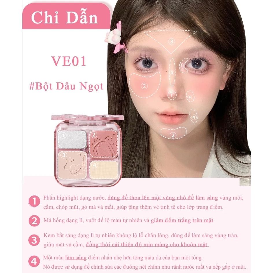 Bảng Phấn Bắt Sáng Và Highlight VEECCI 4 Ô Tự Nhiên Lâu Trôi 9g