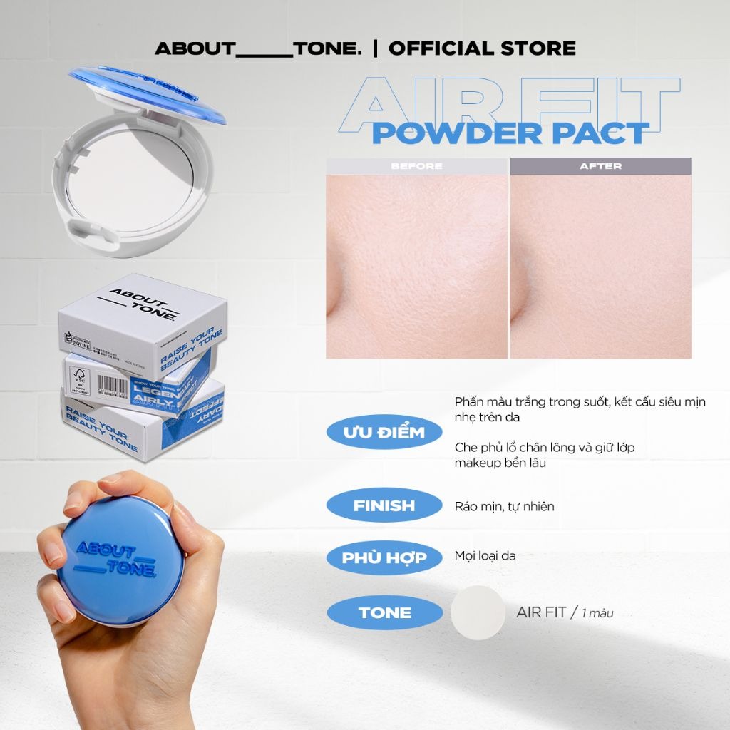 Phấn Phủ Nén Kiềm Dầu, Màu Trong Suốt About Tone Air Fit Powder Pact 8g (Xanh)