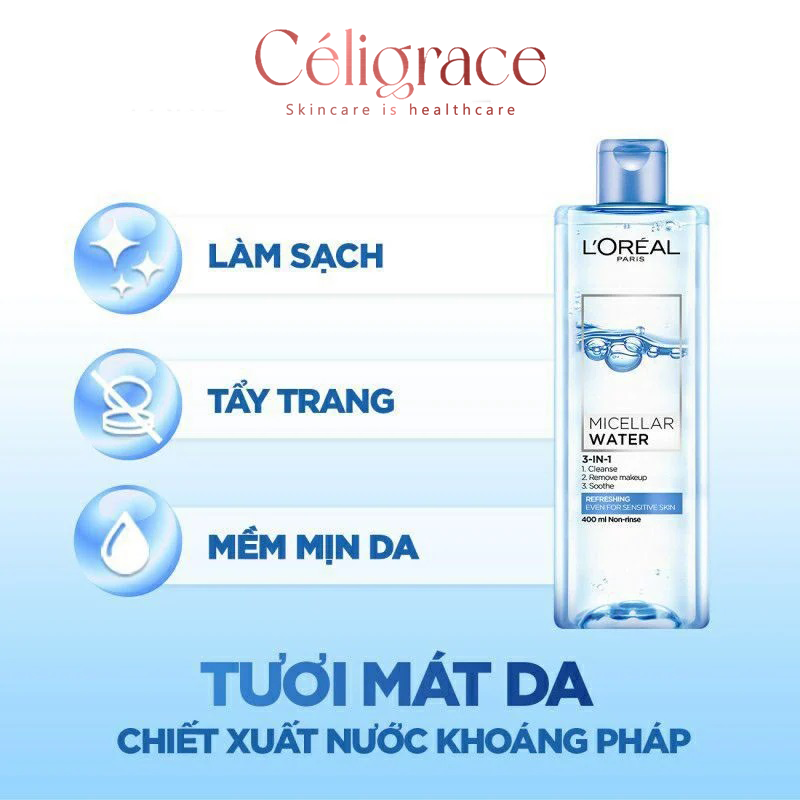 Nước Tẩy Trang L'OREAL Tươi Mát Cho Da Dầu, Hỗn Hợp Micellar Water 3-in-1 Refreshing Even For Sensitive Skin (Nắp Xanh Nhạt)