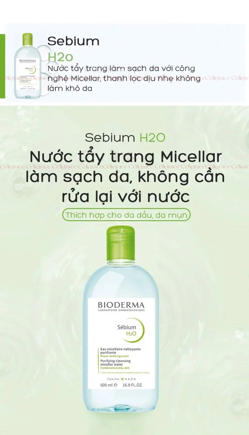 Nước Tẩy Trang Bioderma Dành Cho Da Dầu & Hỗn Hợp Sébium H2O (Nắp Xanh Lá)