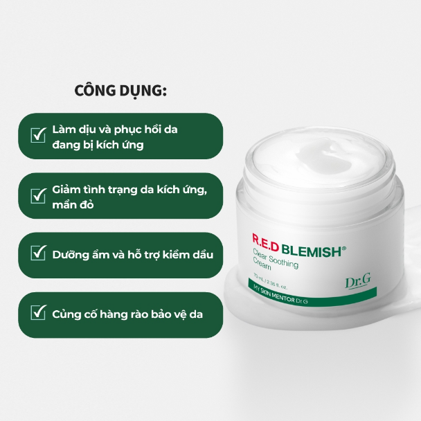 Kem Dưỡng Ẩm Dr.G Làm Dịu Da, Hỗ Trợ Phục Hồi Và Giảm Đỏ Da R.E.D Blemish Clear Soothing Cream 70ml