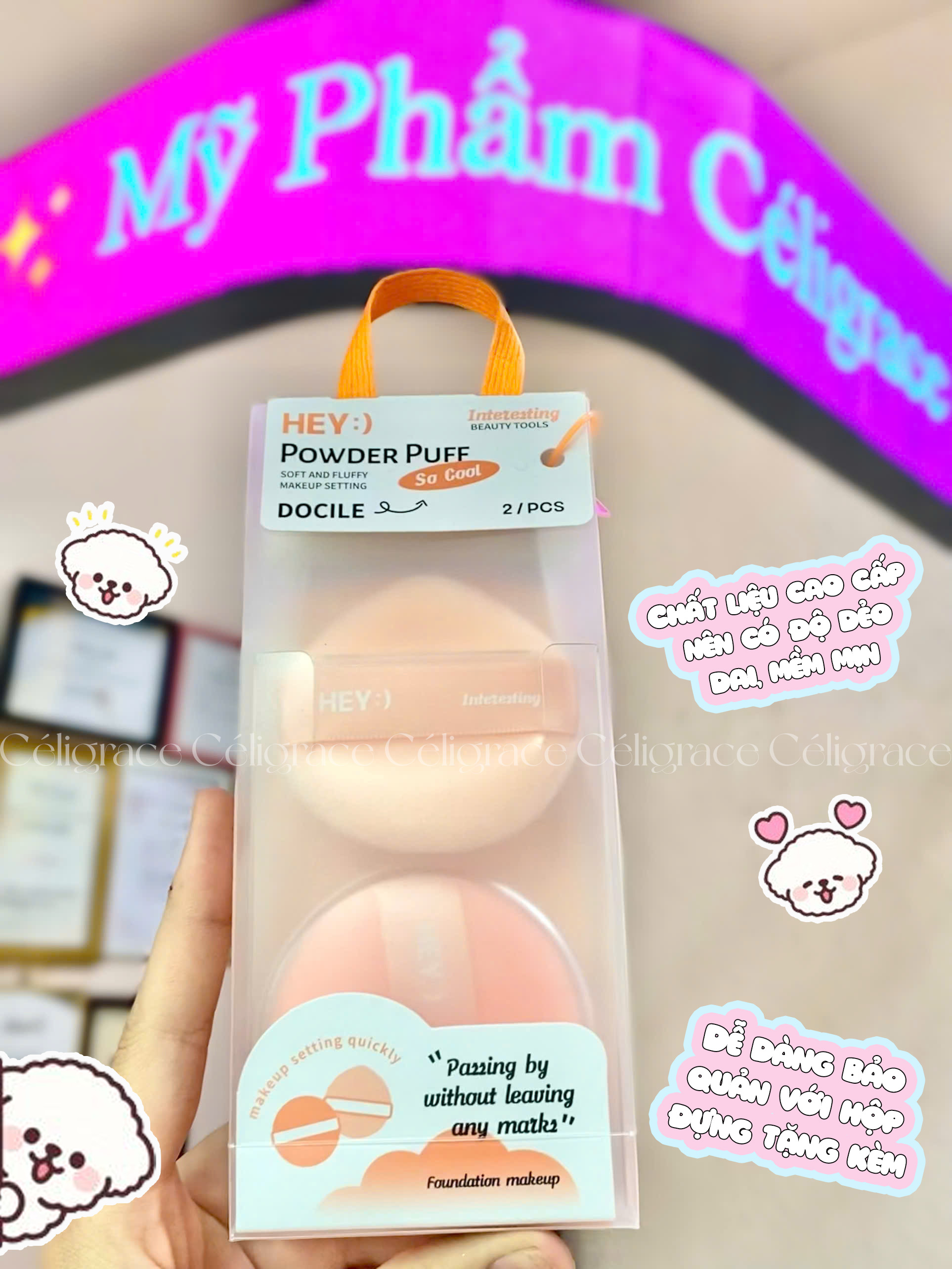 H-9009 - Set 2 Bông Phấn Khô HEY Kèm Hộp Đựng Powder Puff 41g (Cam)