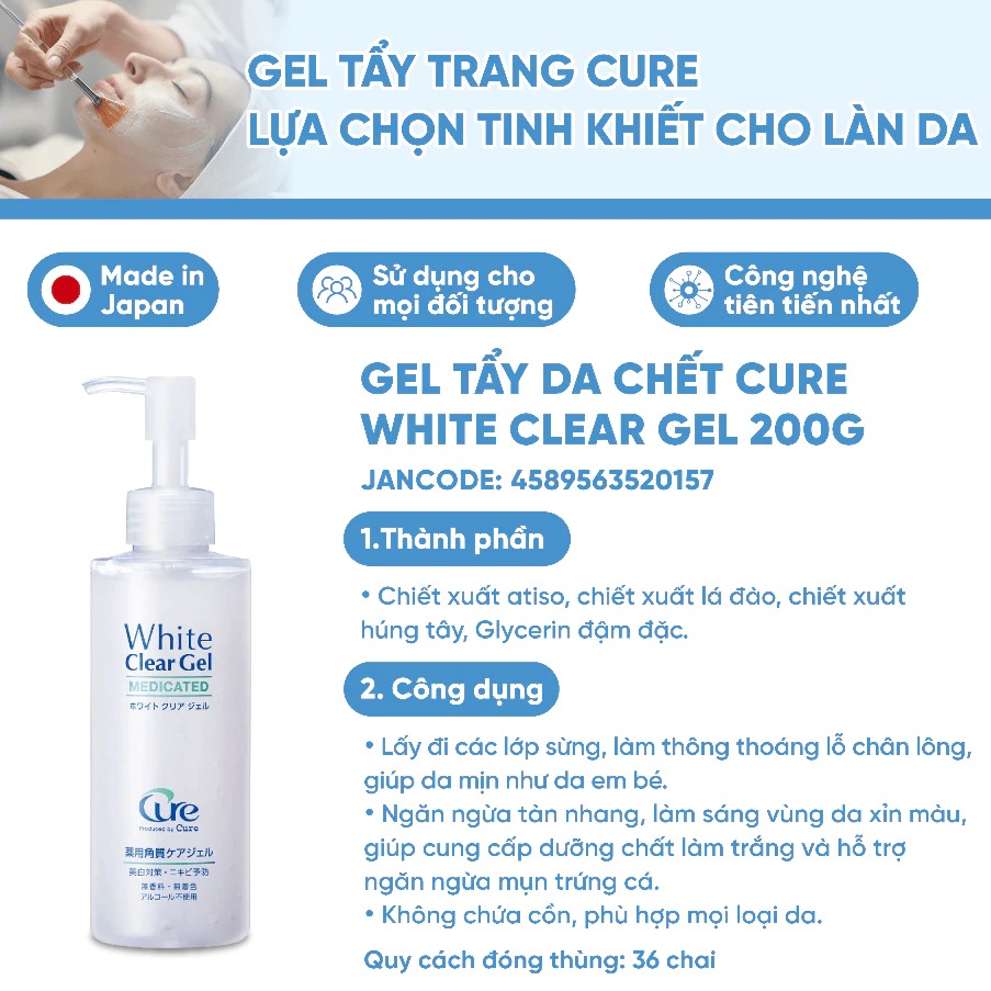 Gel Tẩy Tế Bào Chết CURE Làm Sạch Sâu, Kiềm Dầu, Sáng Da Và Mờ Thâm White Clear Gel #Medicated