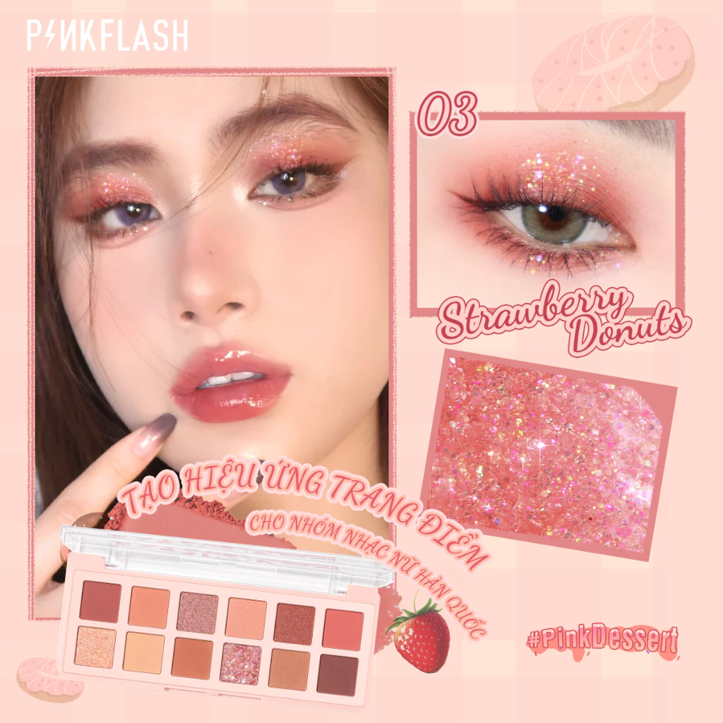 Phấn Mắt PINKFLASH 12 Ô Lâu Trôi Có Nhũ Ánh Kim Pink Dessert Pro Touch Eyeshadow Palette PF-E15