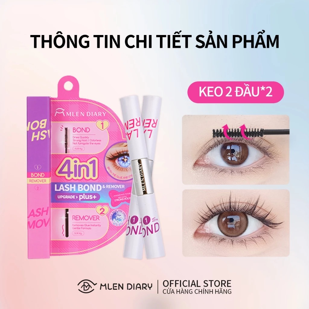 Keo Dán Mi MLEN DIARY 2 Đầu Chải Dạng Mascara 4IN1 Kết Hợp Dung Dịch Tẩy Keo 8g