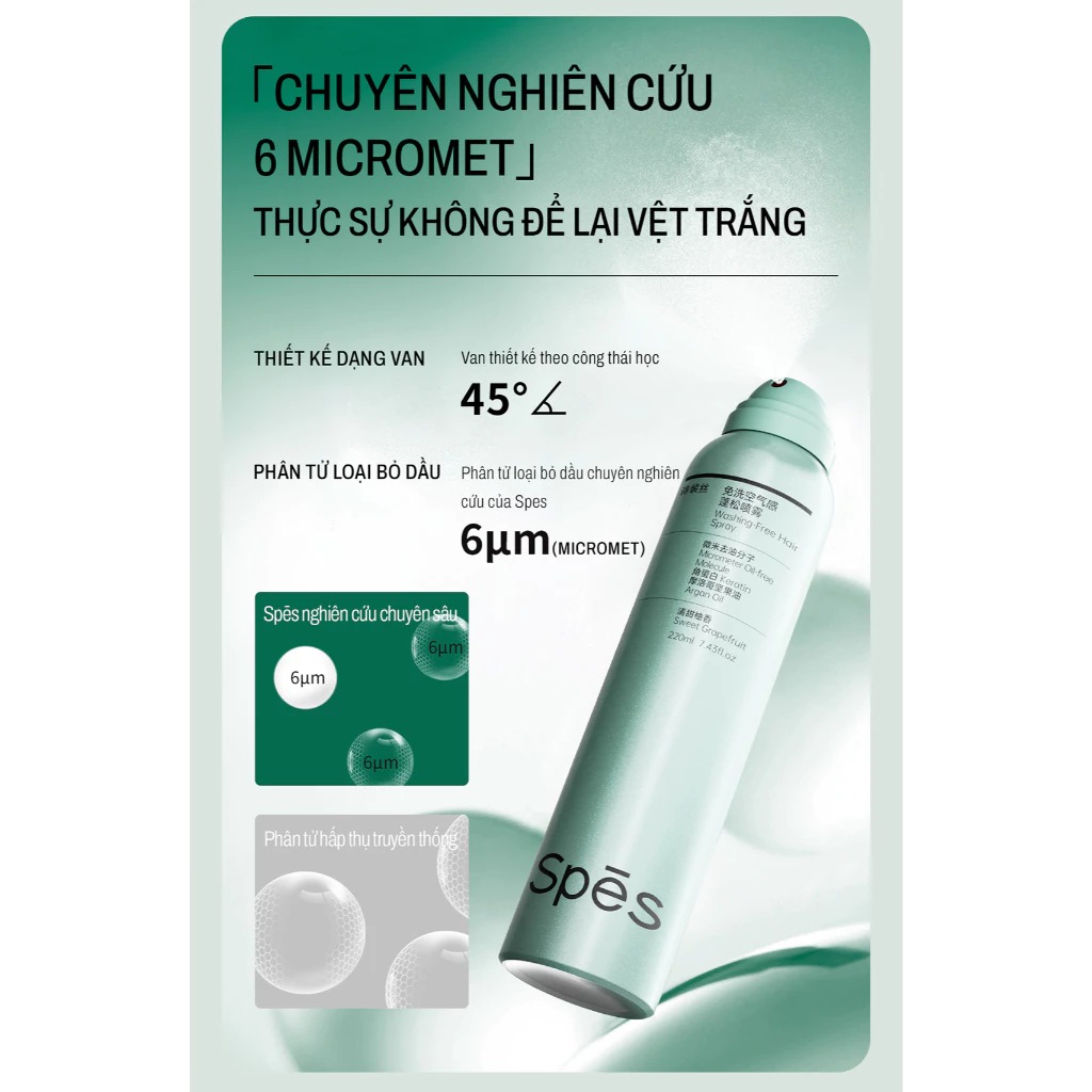 Dầu Gội Đầu Khô Phiên Bản Nâng Cấp Thêm Dầu Keratin & Arginine Kiểm Soát Dầu Spes Washing-Free Hair Spray 220ml
