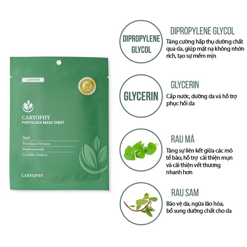 Mặt Nạ Miếng Caryophy Làm Dịu, Hỗ Trợ Phục Hồi Dành Cho Da Dầu Mụn Portulaca Mask Sheet 22g