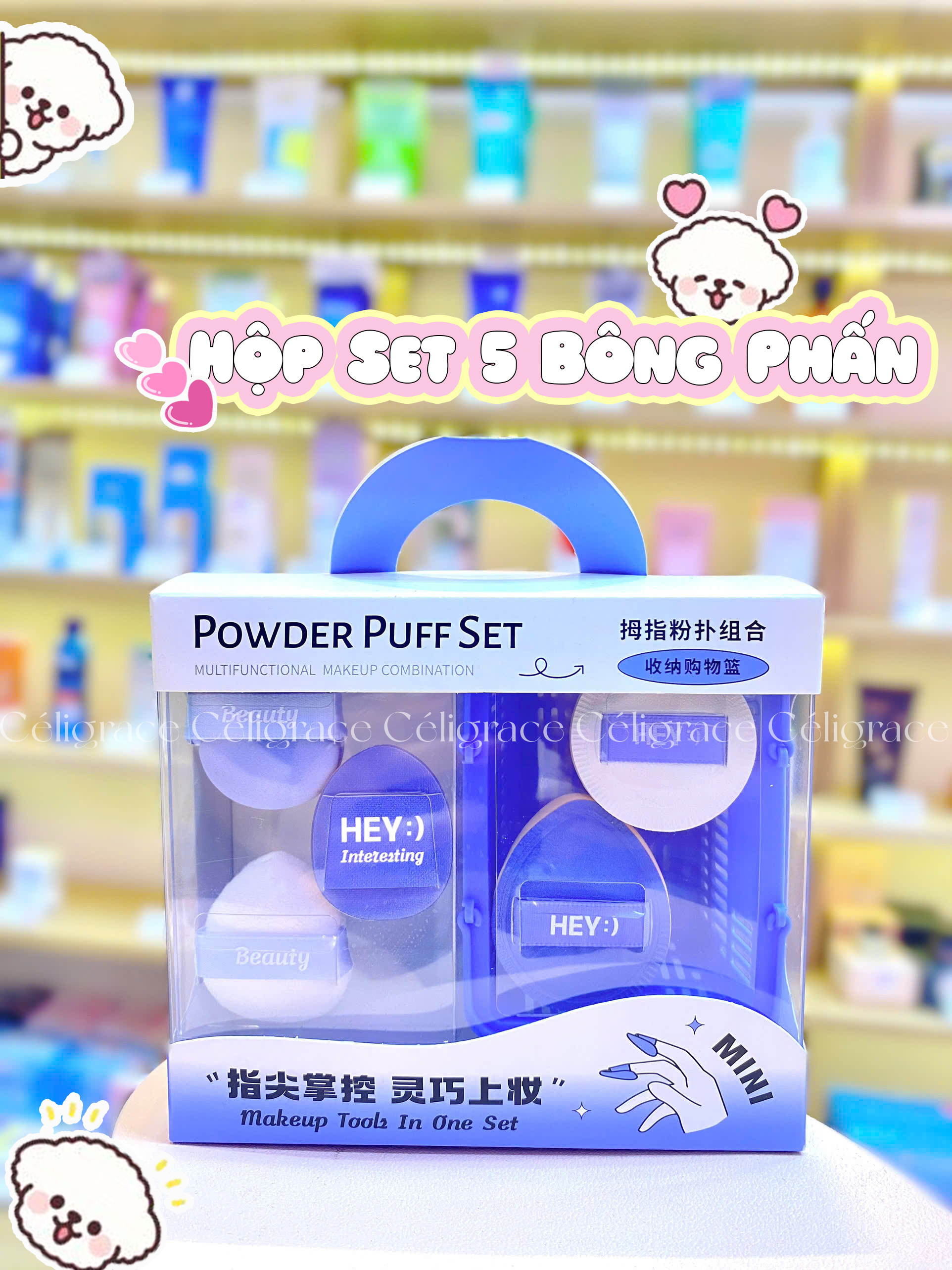 H-9049 - Hộp Set 5 Bông Phấn Mini Xỏ Ngón HEY Kèm Giỏ Đựng Xinh Xắn