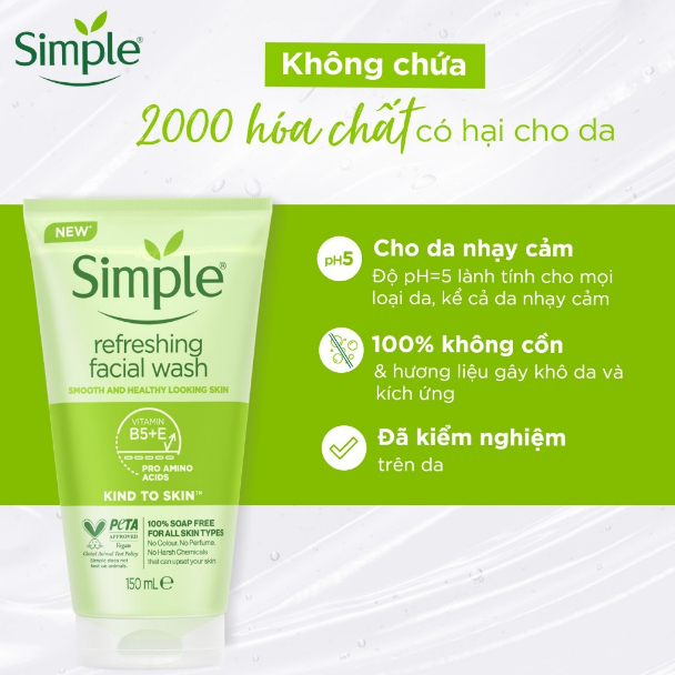 Sữa Rửa Mặt Simple Dịu Nhẹ, Dành Cho Da Nhạy Cảm Kind To Skin Refreshing Facial Wash 150ml (Gel)