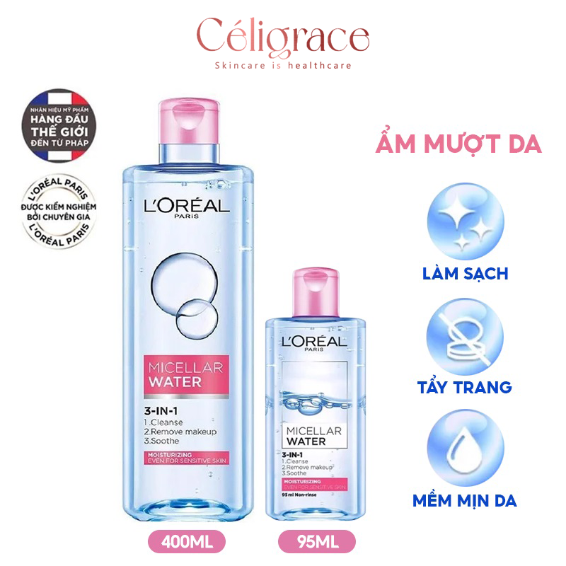 Nước Tẩy Trang L'OREAL Dưỡng Ẩm Cho Da Thường, Khô Micellar Water 3-in-1 Moisturizing Even For Sensitive Skin (Nắp Hồng)