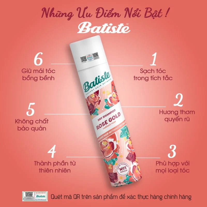 Dầu Gội Khô Batiste Giúp Làm Sạch, Tóc Bồng Bềnh Dry Shampoo 200ml