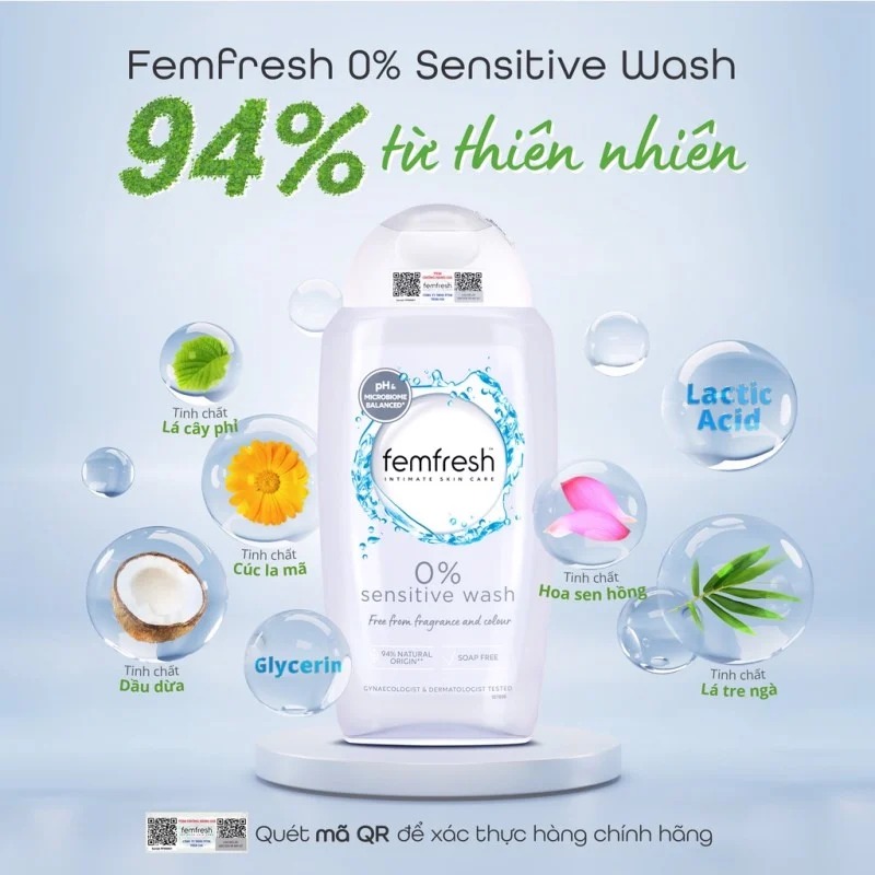 Dung Dịch Vệ Sinh Phụ Nữ Femfresh Cao Cấp Da Nhạy Cảm 0% Sensitive Intimate Wash 250ml (Xám)