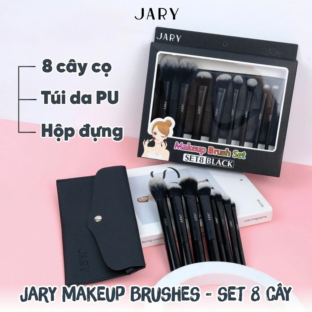 Bộ Cọ Trang Điểm Set 8 Cây Kèm Túi Đựng Da PU Jary Makeup Brush