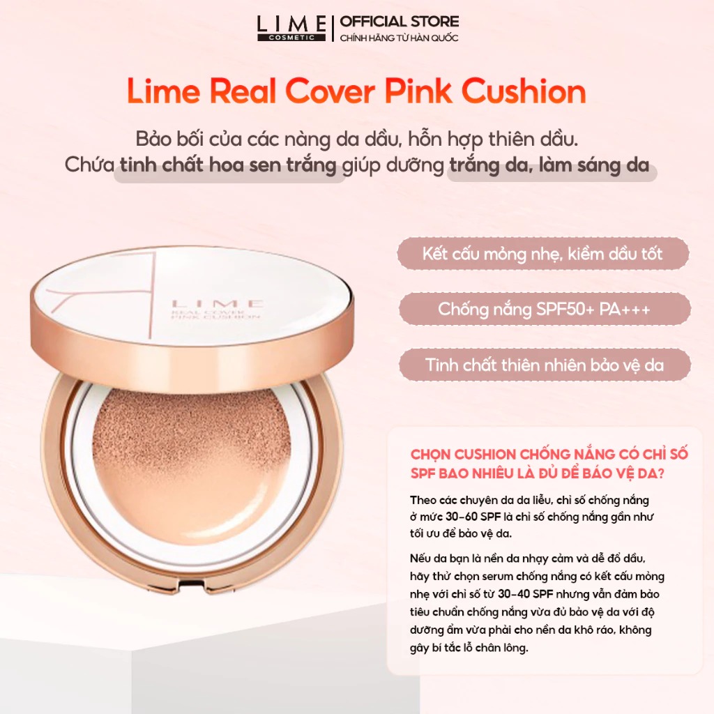 Phấn Nước Kiềm Dầu, Che Phủ Cao LIME Real Cover Pink Cushion SPF 50+/PA+++ 20g