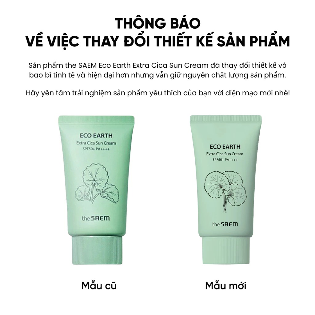 Kem Chống Nắng Nâng Tông, Cân Bằng Ẩm, Chiết Xuất Rau Má THE SAEM Eco Earth Extra Cica Sun Cream SPF50+/PA++++ 50g