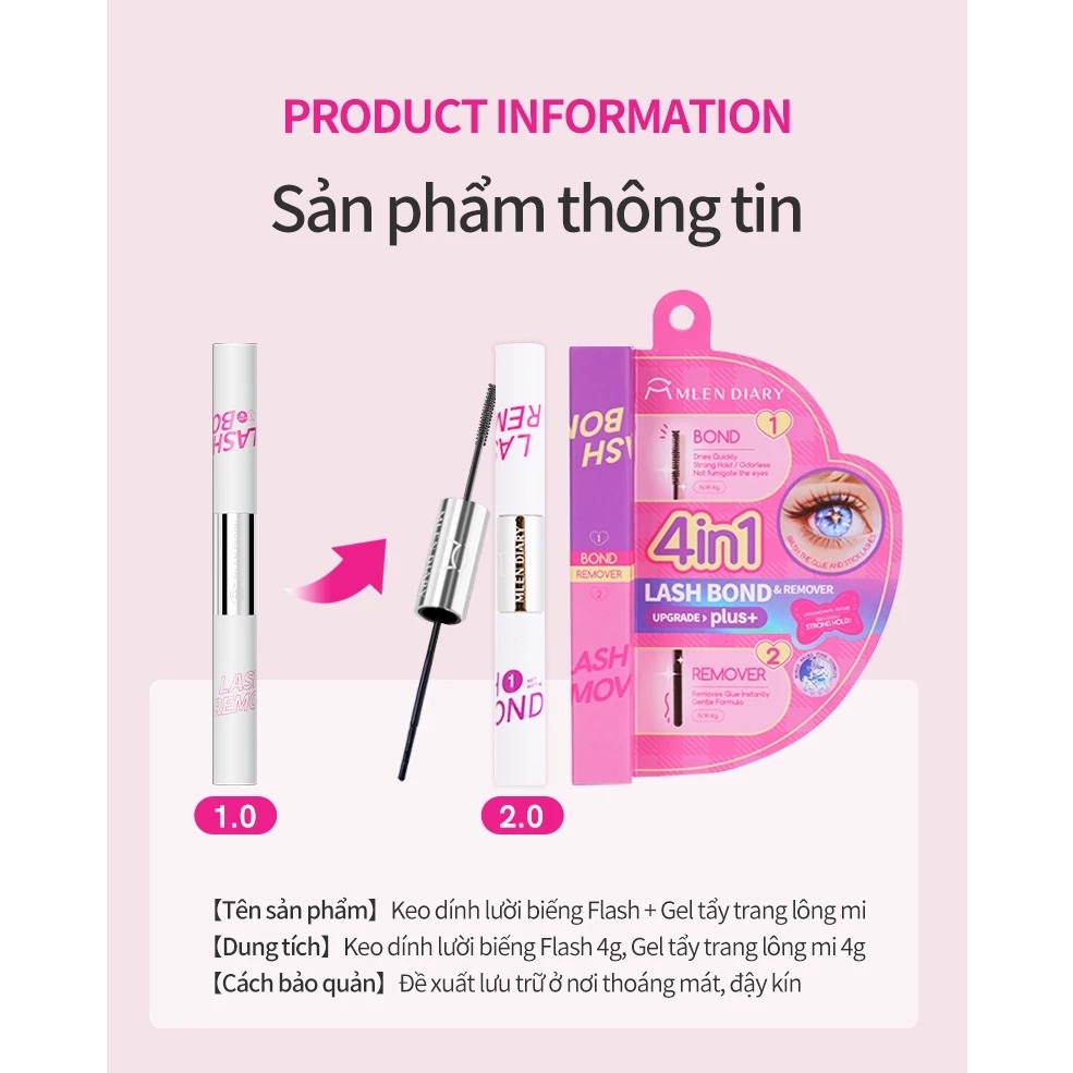 Keo Dán Mi MLEN DIARY 2 Đầu Chải Dạng Mascara 4IN1 Kết Hợp Dung Dịch Tẩy Keo 8g