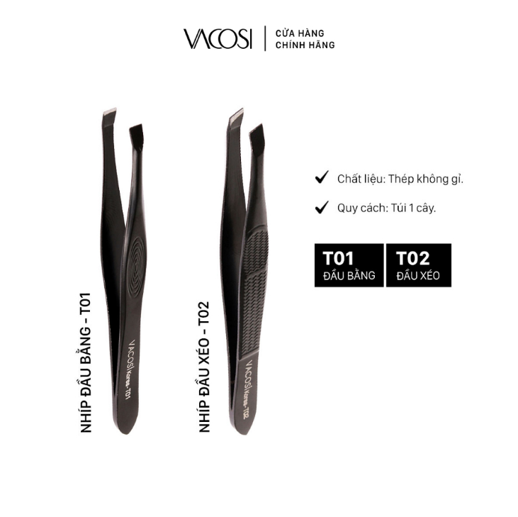 T02 - Nhíp Đầu Xéo VACOSI Slanted Tweezers (Màu Đen)