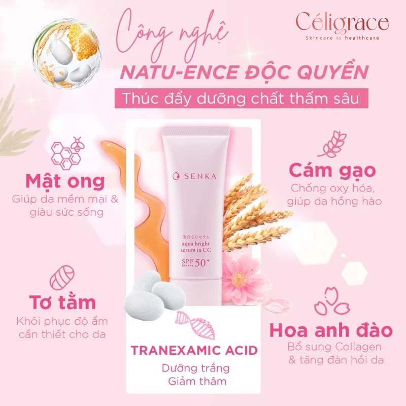 Chống Nắng Serum Senka 3 In 1 Dưỡng Sáng Da Nâng Tông Aqua Bright Serum In CC SPF 50+ PA++++ 40g