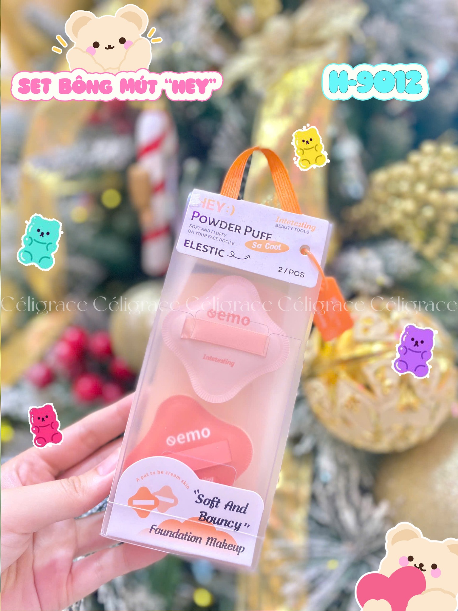 H-9012 - Set 2 Bông Mút Khô Và Ướt Dày HEY Bo Tròn 4 Góc Powder Puff 19g
