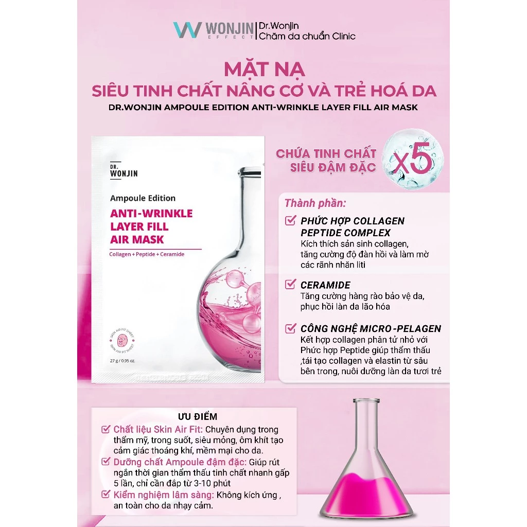 Mặt Nạ Siêu Tinh Chất Cấp Ẩm, Làm Dịu Da WONJIN Ampoule Edition Fill Air Mask 27g