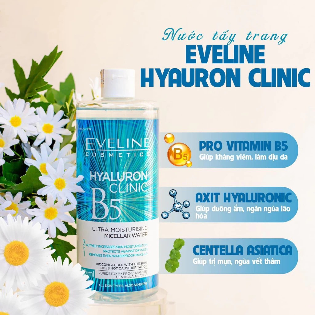 Nước Tẩy Trang Eveline Cấp Ẩm Hyaluron Clinic B5 Ultra-Moisturising Micellar Water 500ml
