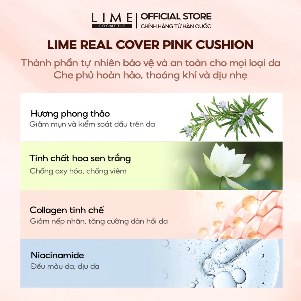 Phấn Nước Kiềm Dầu, Che Phủ Cao LIME Real Cover Pink Cushion SPF 50+/PA+++ 20g