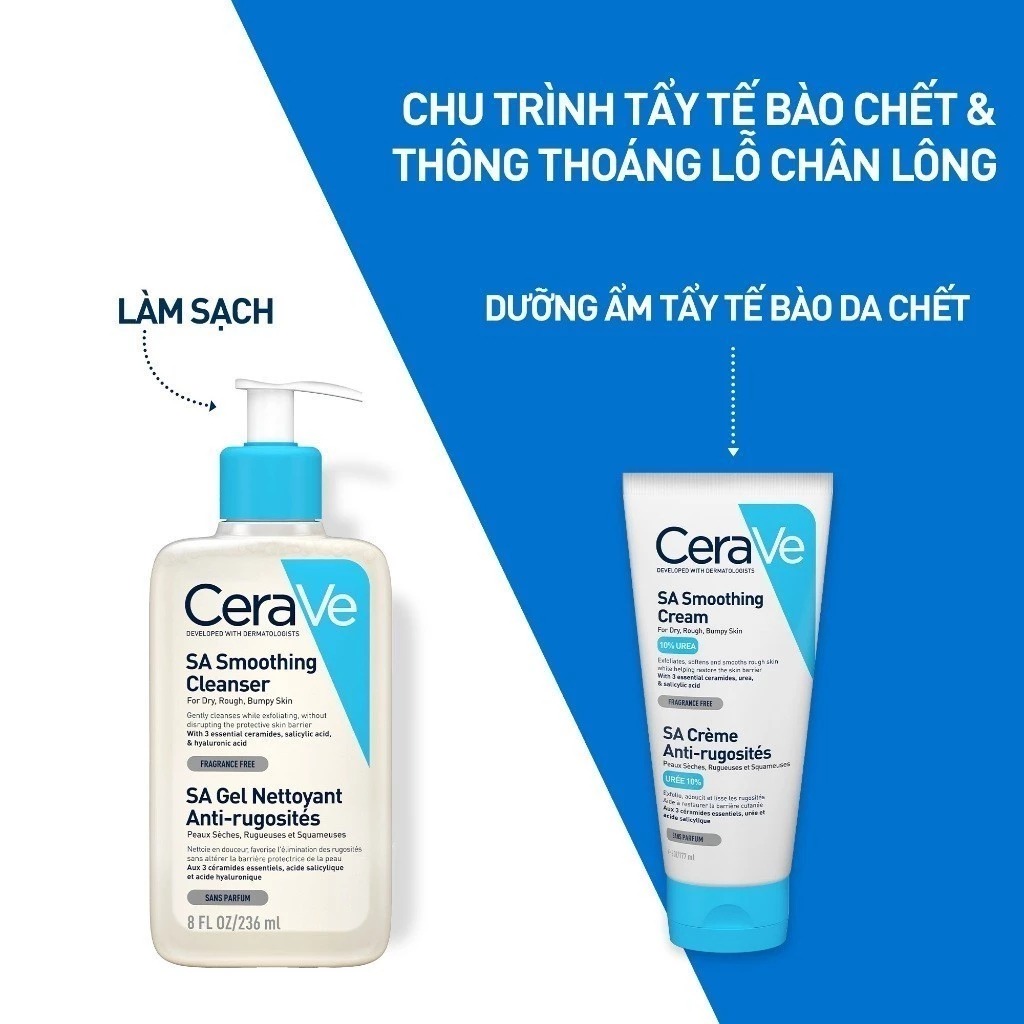 Sữa Rửa Mặt Làm Sạch Sâu Cho Da Mụn, Tẩy Da Chết Dịu Nhẹ Cerave Developed With Dermatologists SA Smoothing Cleanser 236ml
