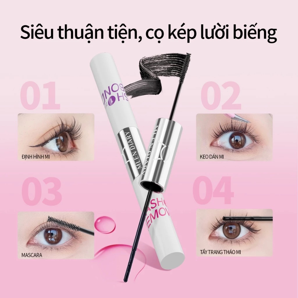 Keo Dán Mi MLEN DIARY 2 Đầu Chải Dạng Mascara 4IN1 Kết Hợp Dung Dịch Tẩy Keo 8g